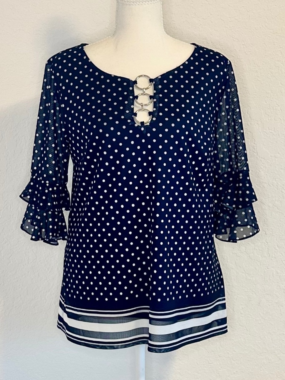 Juniper + Lime Nautical Navy Blue Polka-Dot Blouse, Size SP